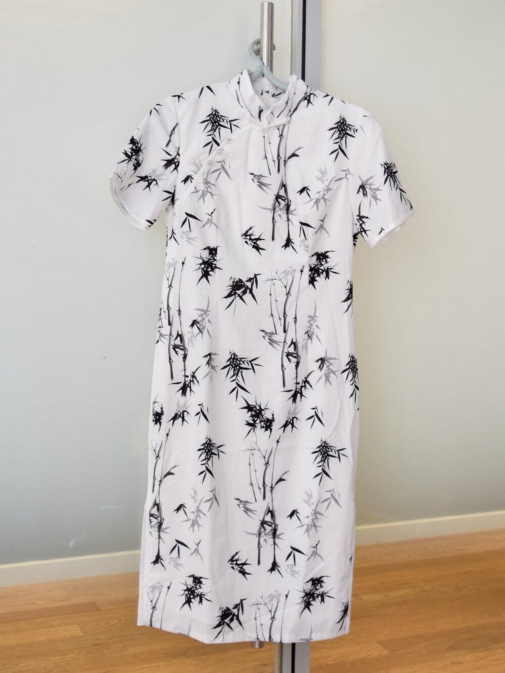 White Black Bamboo Qipao Midi Dress